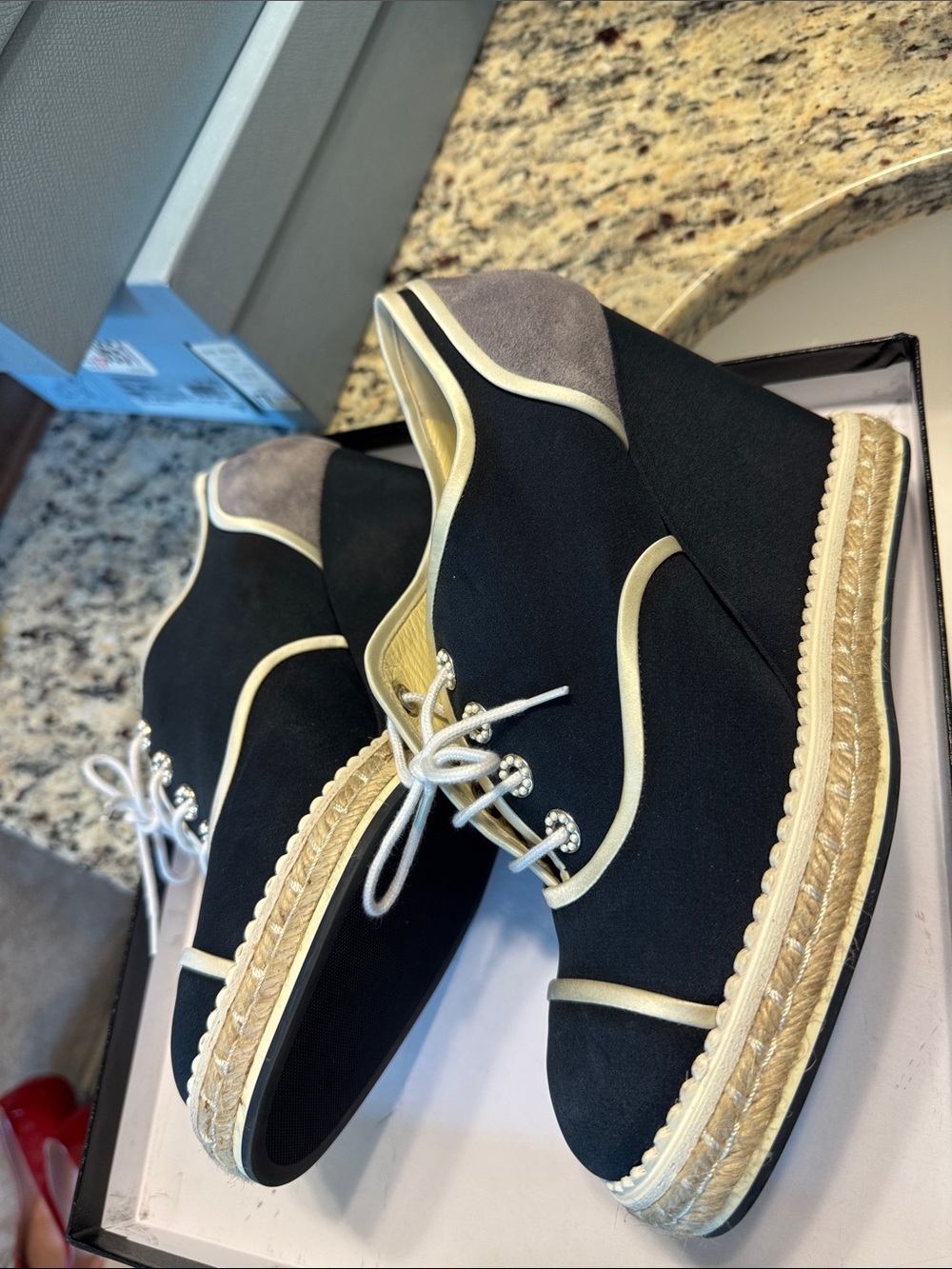 CHANEL Navy and Cream Espadrille Wedge Lace-Up Shoes with Pearl Eyelets